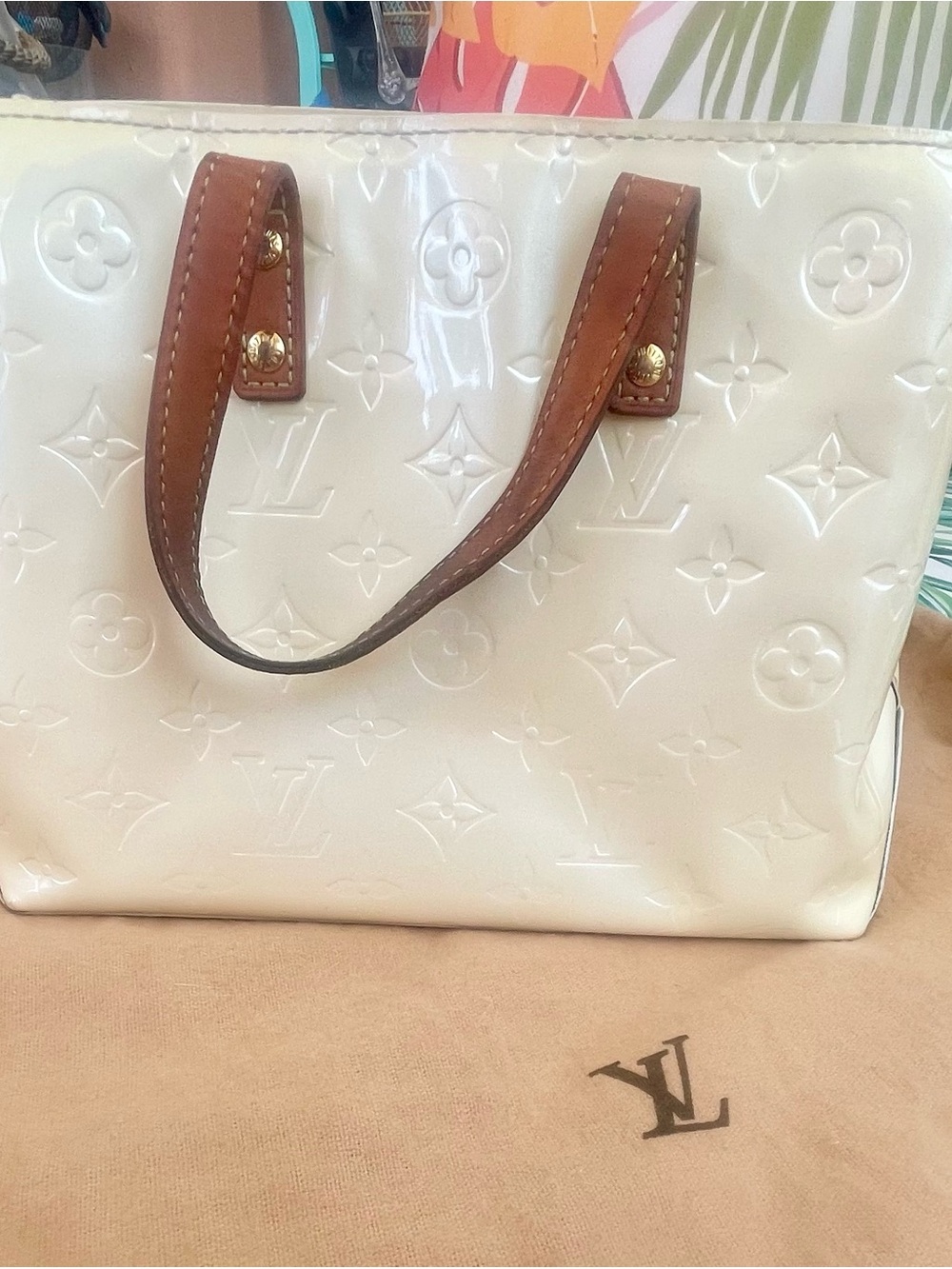 Louis Vuitton White Vernis Tote with Brown Leather Handles